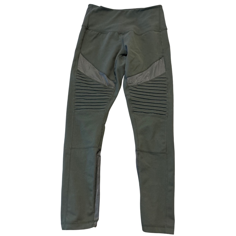 Zella Womens Moto Ribbed High Waist Leggings Green Mesh Metallic Panels Size‎ M